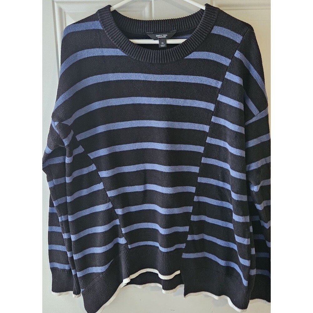 Simply‎ Vera Vera Wang Black Blue Striped Knit Pullover Sweater XL Women
